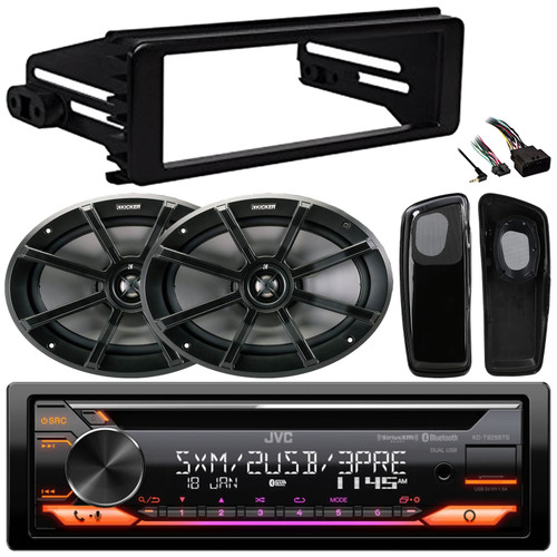 JVC KD-T925BTS Single DIN Bluetooth USB/AUX CD Player AM/FM Radio SiriusXM Ready Stereo Receiver w/Install Kit, 2x 6x9" 180 Watt Max Power 2-Way Speakers w/Adapters (Fits 1998-2013 Harley Davidson)