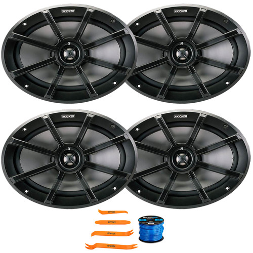 Two Pairs (QTY 4) Of Kicker 40PS694 6x9" 180 Watt Max Power 2-Way 4-Ohm Marine Speakers, 50 Feet 16 Gauge Speaker Wire, 4-Piece Car Door Trim Panel Dash Radio Pry Tool Set