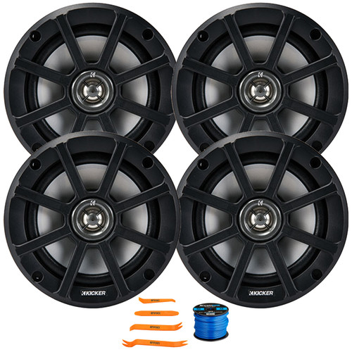Two Pairs (QTY 4) Of Kicker PSC65 6.5" 120 Watt Max Power Weather-Proof Powersports 2 Ohm Coaxial Speakers, 50 Feet 16 Gauge Speaker Wire, 4-Piece Car Door Trim Panel Dash Radio Pry Tool Set