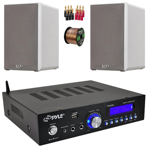 Pyle PDA5BU 200W Bluetooth USB/AUX FM Radio Mini Blue LCD Stereo Amplifier Receiver, 2x 5.25” 200 Watts Max Power 2-Way HiFi Home Theater Bookshelf White Speakers, Speaker Wire, Banana Plugs