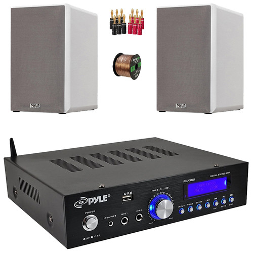 Pyle PDA5BU 200W Bluetooth USB/AUX FM Radio Mini Blue LCD Stereo Amplifier Receiver, 2x 6.5” 240 Watts Max Power 2-Way HiFi Home Theater Bookshelf White Speakers, 50 Feet Speaker Wire, Banana Plugs