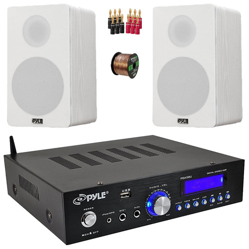 Pyle PDA5BU 200W Bluetooth USB/AUX FM Radio Mini Blue LCD Stereo Amplifier Receiver, 2x 6.5” 240 Watt Max Power 2-Way HiFi Home Theater Bookshelf White Speakers, 50 Feet Speaker Wire, Banana Plugs