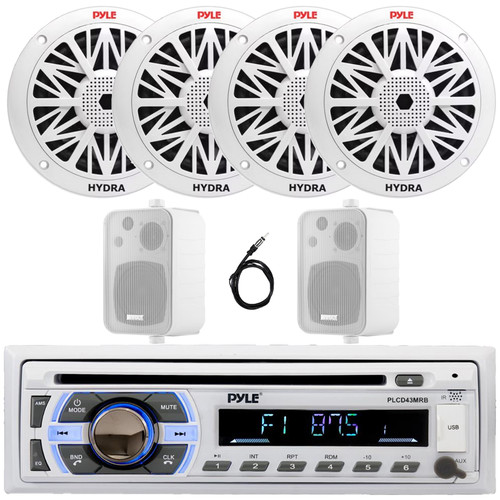 Pyle PLCD43MRB Single DIN Marine Bluetooth USB/AUX MP3 Player AM/FM Radio In-Dash Stereo Head Unit Receiver, 4x 5.25" 150W Max 2-Way Speakers, 2x 4'' 30W Max 3-Way Indoor/Outdoor Speakers, Antenna
