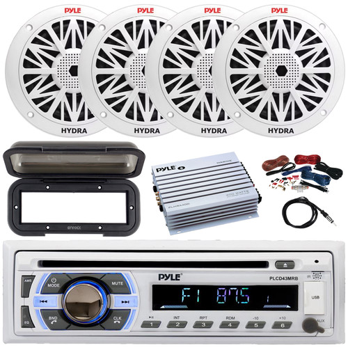 Pyle PLCD43MRB Single DIN Marine Bluetooth USB/AUX MP3 Player AM/FM Radio In-Dash Stereo Head Unit Receiver w/Black Cover, 4x 5.25" 150W Max 2-Way Boat Speakers, 4 Channel Amplifier w/Kit, Antenna