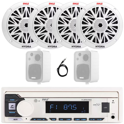 Pyle PLMRB29W2 Single DIN Marine Bluetooth USB/AUX MP3 Player AM/FM Radio In-Dash Stereo Receiver, 4x 5.25" 150W Max 2-Way Speakers, 2x 4'' 30W Max 3-Way Indoor/Outdoor White Box-Speakers, Antenna