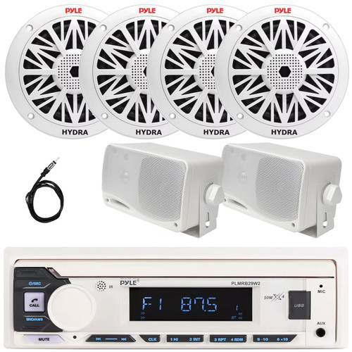 Pyle PLMRB29W2 Single DIN Marine Bluetooth USB/AUX MP3 Player AM/FM Radio In-Dash Stereo Receiver, 4x 5.25" 150W Max Power 2-Way Boat Speakers, 2x 3.5'' 200W Max 3-Way White Mini Box Speakers, Antenna