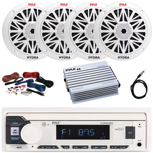 Pyle PLMRB29W2 Single DIN Marine Bluetooth USB/AUX MP3 Player AM/FM Radio In-Dash Stereo Receiver, 4x 5.25" 150 Watt Max Power 2-Way Waterproof Boat Speakers, 4 Channel Amplifier W/Kit, Radio Antenna
