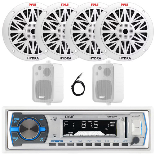 Pyle PLMRB29W Single DIN Marine Bluetooth USB/AUX MP3 Player AM/FM Radio In-Dash White Stereo Receiver, 4x 5.25" 150W Max 2-Way Speakers, 2x 4'' 30W Max 3-Way Indoor/Outdoor White Speakers, Antenna