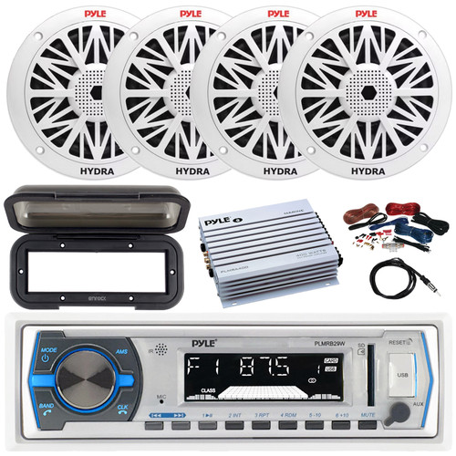 Pyle PLMRB29W Single DIN Marine Bluetooth USB/AUX MP3 Player AM/FM Radio In-Dash White Stereo Receiver w/Black Cover, 4x 5.25" 150W Max 2-Way Boat Speakers, 4 Channel Amplifier w/Kit, Radio Antenna