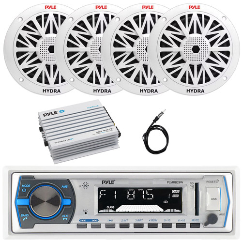 Pyle PLMRB29W Single DIN Marine Bluetooth USB/AUX MP3 Player AM/FM Radio In-Dash White Stereo Receiver, 4x 5.25" 150W Max 2-Way Waterproof Boat Speakers, 4 Channel Bluetooth Amplifier, Radio Antenna