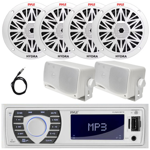 Pyle PLRMR23BTW Single DIN Marine Bluetooth USB/AUX MP3 Player AM/FM Radio In-Dash Stereo Receiver, 4x 5.25" 150W Max Power 2-Way Speakers, 2x 3.5'' 200W Max 3-Way White Mini Box Speakers, Antenna