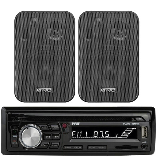 Pyle PLCDBT95 Single DIN Marine Bluetooth USB/AUX MP3/CD Player AM/FM Radio In Dash Stereo Receiver Bundle Combo One Pair (QTY 2) Of Enrock 4" 30 Watt Max Power 3-Way Indoor/Outdoor Black Speakers