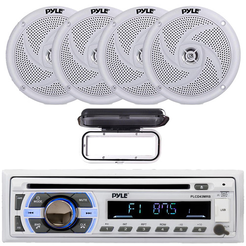 Pyle PLCD43MRB Single DIN Marine Bluetooth USB/AUX MP3 Player AM/FM Radio In-Dash Stereo Head Unit Receiver w/White Cover, 4x 5.25" 180 Watt Max 2-Way Waterproof Low Profile Slim Style White Speakers