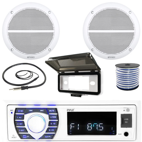 Pyle PLRMR23BTW Single DIN Marine Bluetooth USB/AUX SD/MP3 Player AM/FM Radio In-Dash Stereo Receiver W/White Cover, 2x 6.5" 90W Max Power 2-Way Full Range Boat Speakers, Speaker Wire, Radio Antenna