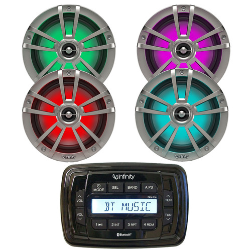 Infinity PRV250 Marine Bluetooth AM/FM Receiver, 4x 6.5" 225 Watt 2-Way MultiColor LED Outdoor Speakers (Titanium)