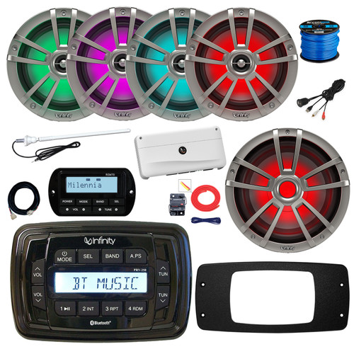 Infinity PRV250 Marine Bluetooth AM/FM Receiver, 4x 6.5" 225W MultiColor LED Speakers (Titanium), 10" LED Subwoofer, Amplifier w/Kit, Wired Remote w/Ext, Adapter Plate, USB Adapter, Antenna, Wire