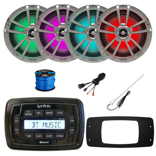 Infinity PRV250 Marine Bluetooth AM/FM Receiver, 4x 6.5" 225 Watt 2-Way MultiColor LED Outdoor Speakers (Titanium), Radio Install Adapter, USB Adapter, Antenna, Wire