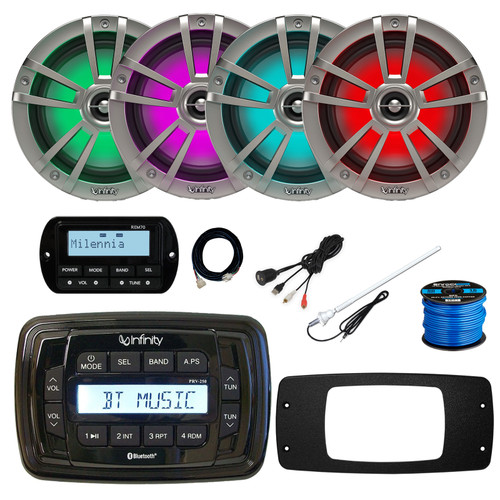 Infinity PRV250 Marine Bluetooth AM/FM Receiver, 4x 6.5" 225 Watt 2-Way MultiColor LED Outdoor Speakers (Titanium), Wired Remote w/Extension, Radio Install Adapter, USB Adapter, Antenna, Wire