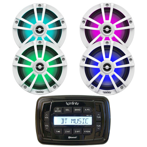 Infinity PRV250 Marine Bluetooth AM/FM Receiver, 4x 6.5" 225 Watt 2-Way MultiColor LED Outdoor Speakers (White)
