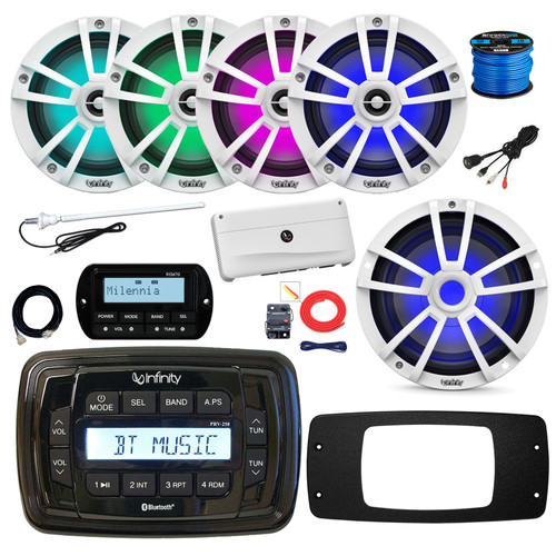 Infinity PRV250 Marine Bluetooth AM/FM Receiver, 4x 6.5" 225W MultiColor LED Speakers (White), 10" LED Subwoofer, Amplifier w/Kit, Wired Remote w/Ext, Adapter Plate, USB Adapter, Antenna, Wire
