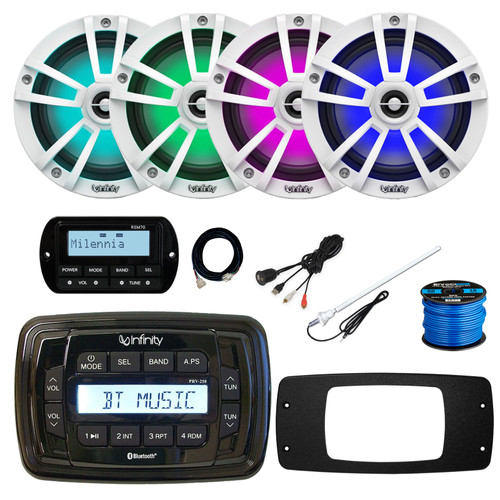 Infinity PRV250 Marine Bluetooth AM/FM Receiver, 4x 6.5" 225 Watt 2-Way MultiColor LED Outdoor Speakers (White), Wired Remote w/Extension, Radio Install Adapter, USB Adapter, Antenna, Wire