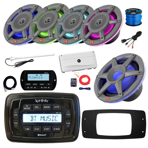 Infinity PRV250 Marine Bluetooth AM/FM Receiver, 4x 6.5" 300W MultiColor LED Speakers (Gray), 10" LED Subwoofer, Amplifier w/Kit, Wired Remote w/Ext, Radio Adapter Plate, USB Adapter, Antenna, Wire