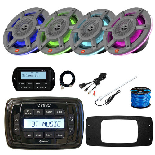 Infinity PRV250 Marine Bluetooth AM/FM Receiver, 4x 6.5" 300 Watt 2-Way MultiColor LED Outdoor Speakers (Gray), Wired Remote w/Extension, Radio Install Adapter, USB Adapter, Antenna, Wire
