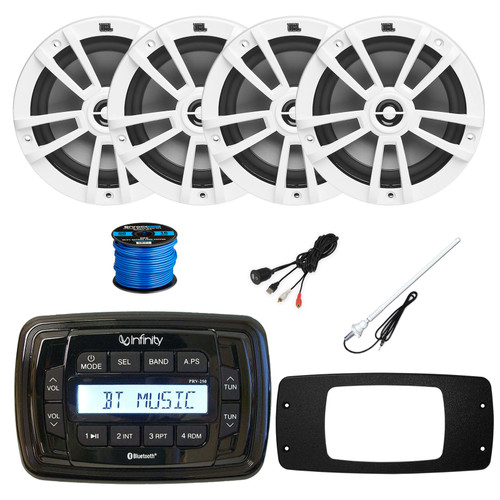 Infinity PRV250 Marine Bluetooth AM/FM Receiver, 4x 6.5" 180 Watt 2-Way Multi-Element Audio Speakers (White), Radio Install Adapter, USB Adapter, Antenna, Wire
