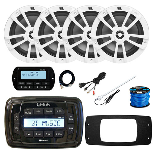 Infinity PRV250 Marine Bluetooth AM/FM Receiver, 4x 6.5" 180 Watt 2-Way Multi-Element Audio Speakers (White), Wired Remote w/Extension, Radio Install Adapter, USB Adapter, Antenna, Wire
