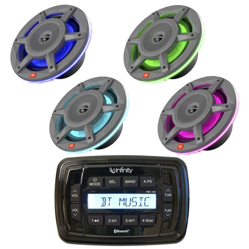 Infinity PRV250 Marine Bluetooth AM/FM Receiver, 4x 8" 500 Watt 3-Way MultiColor LED Outdoor Speakers (Gray)