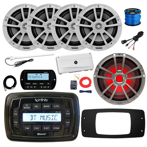 Infinity PRV250 Marine Bluetooth AM/FM Receiver, 4x 6.5" 225W Outdoor Speakers (White), 10" LED Subwoofer, Amplifier w/Kit, Wired Remote w/Extension, Radio Install Adapter, USB Adapter, Antenna, Wire