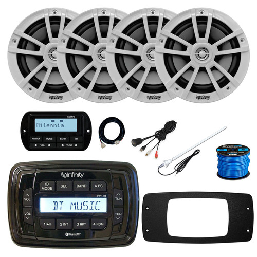 Infinity PRV250 Marine Bluetooth AM/FM Receiver, 4x 6.5" 225 Watt 2-Way High Performance Outdoor Speakers (White), Wired Remote w/Extension, Radio Install Adapter, USB Adapter, Antenna, Wire