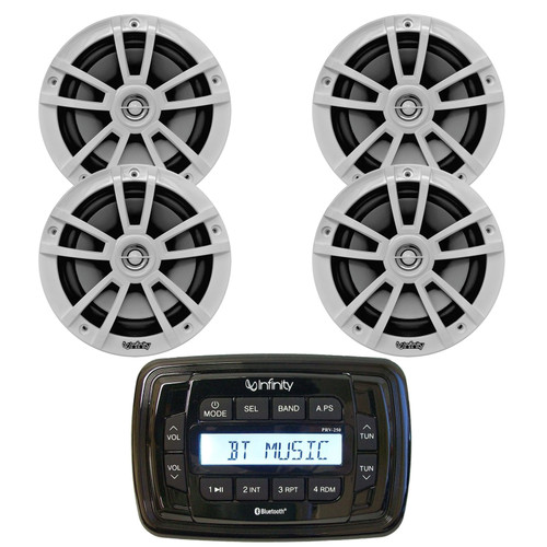 Infinity PRV250 Marine Bluetooth AM/FM Receiver, 4x 6.5" 225 Watt 2-Way High Performance Outdoor Speakers (White)