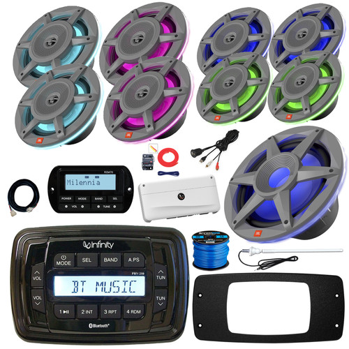Infinity PRV250 Marine Bluetooth Receiver, 4x 6.5" 300W + 4x 8" 500W MultiColor LED Speakers (Gray), 10" LED Subwoofer, Amplifier w/Kit, Wired Remote w/Ext, Install Adapter, USB Adapter, Antenna, Wire