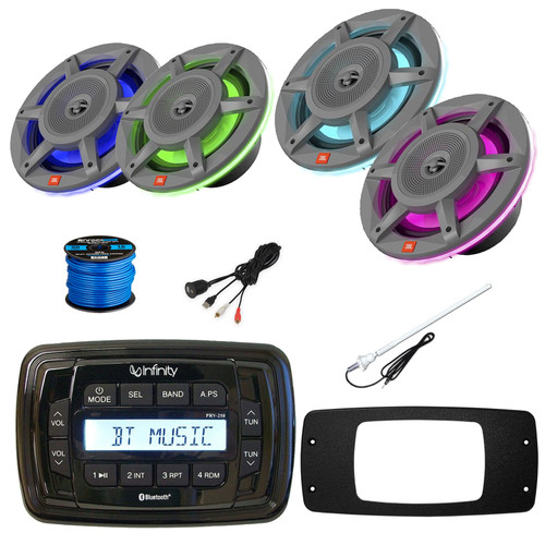Infinity PRV250 Marine Bluetooth AM/FM Receiver, 2x 6.5" 300W MultiColor LED Speakers + 2x 8" 500W MultiColor LED Speakers (Gray), Radio Install Adapter, USB Adapter, Antenna, Wire
