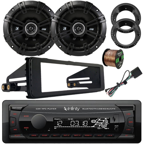 Infinity Alpha 100 Single DIN Bluetooth USB/AUX MP3 Player FM Radio Digital Media Receiver W/Install Kit, 2x 6.5" 240W Max 2-Way Coaxial Speakers w/Adapters, Speaker Wire (1998-2013 Harley Davidson)