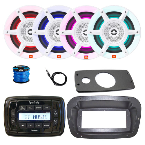 Infinity PRV250 Marine Bluetooth USB/AUX AM/FM Radio Digital Media Black Stereo Receiver w/ Spa Bezel + Adaptor Plate, 4x 8" 500W Max 3-Way White RGB LED Boat Speakers, Radio Antenna, Speaker Wire