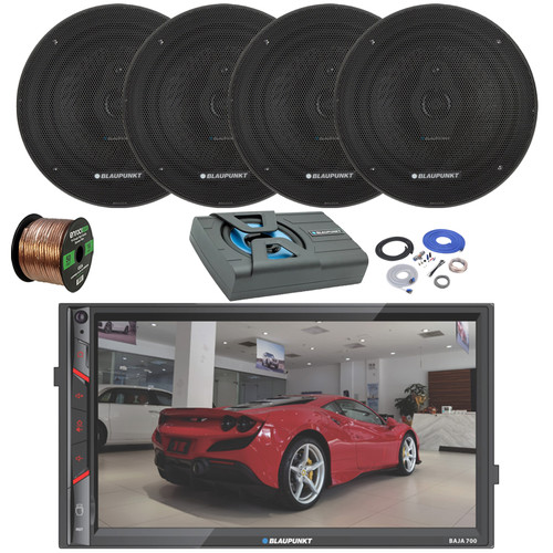 Blaupunkt BAJA 700 7" Touchscreen Bluetooth AM/FM Multimedia Receiver, 4x 6.5" 70 Watt 3-Way Slim Design Car Speakers, 8" Amplified Subwoofer w/Install Kit, Wire