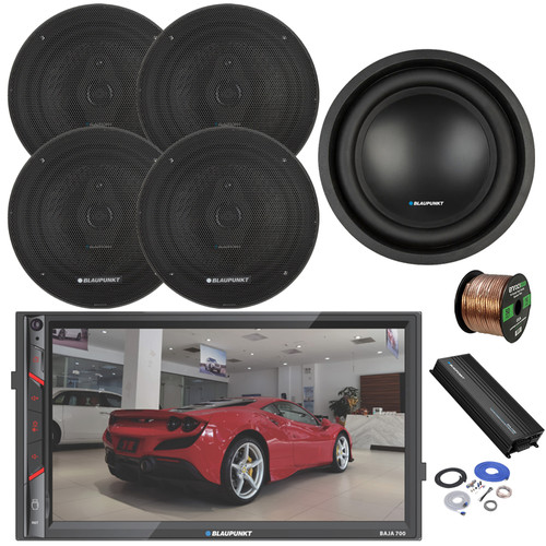 Blaupunkt BAJA 700 7" Touchscreen Bluetooth AM/FM Multimedia Receiver, 4x 6.5" 70 Watt 3-Way Slim Design Car Speakers, 5-Channel Amplifier w/Install Kit, 10" Subwoofer, Wire