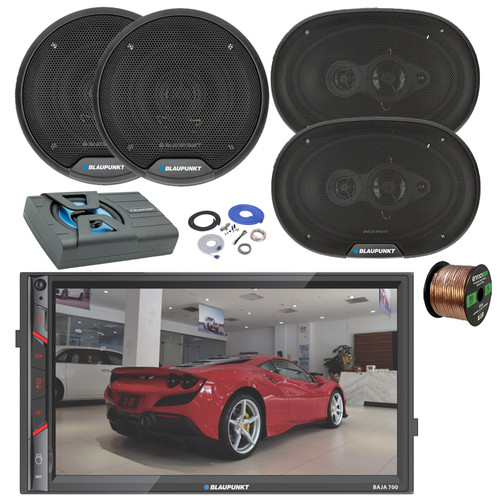 Blaupunkt BAJA 700 7" Touchscreen Bluetooth AM/FM Multimedia Receiver, 2x 6" 40W Full Range 3-Way Speakers, 2x 6x9" 70W 4-Way Car Speakers, 8" Amplified Subwoofer w/Install Kit, Wire