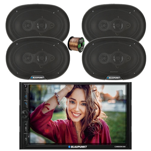 Blaupunkt CAMDEN 500 7" Touchscreen Double Din Bluetooth Stereo Receiver, 4x 6x9" 70 Watt Max 4-Way Car Audio Speakers w/Wire