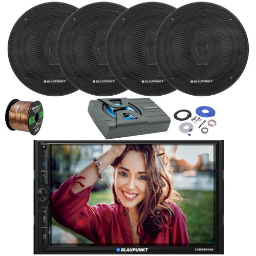 Blaupunkt CAMDEN 500 7" Touchscreen Double Din Bluetooth Stereo Receiver, 4x 6.5" 70 Watt 3-Way Slim Design Car Speakers, 8" Amplified Subwoofer w/Install Kit, Wire
