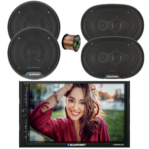 Blaupunkt CAMDEN 500 7" Touchscreen Double Din Bluetooth Stereo Receiver, 2x 6" 40 Watt Max Full Range 3-Way Speakers, 2x 6x9" 70 Watt Max 4-Way Car Audio Speakers w/Wire
