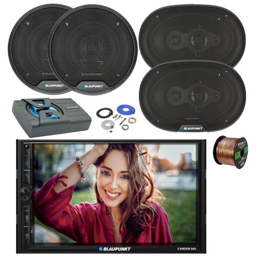 Blaupunkt CAMDEN 500 7" Touchscreen Double Din Bluetooth Stereo Receiver, 2x 6" 40W Full Range 3-Way Speakers, 2x 6x9" 70W 4-Way Car Speakers, 8" Amplified Subwoofer w/Install Kit, Wire