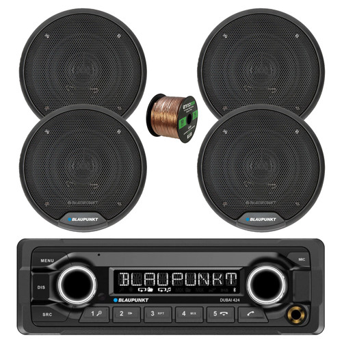 Blaupunkt DUBAI 424 Heavy Duty 24V USB Bluetooth AM/FM Stereo Reciever, 4x 6" 40 Watt Max 2-Way Car Audio Speakers w/Wire
