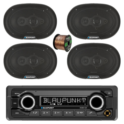 Blaupunkt DUBAI 424 Heavy Duty 24V USB Bluetooth AM/FM Stereo Reciever, 4x 6x9" 70 Watt Max 4-Way Car Audio Speakers w/Wire
