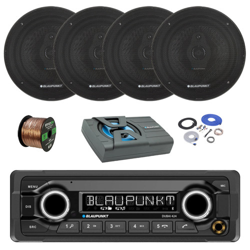 Blaupunkt DUBAI 424 Heavy Duty 24V USB Bluetooth AM/FM Stereo Reciever, 4x 6.5" 70 Watt 3-Way Slim Design Car Speakers, 8" Amplified Subwoofer w/Install Kit, Wire