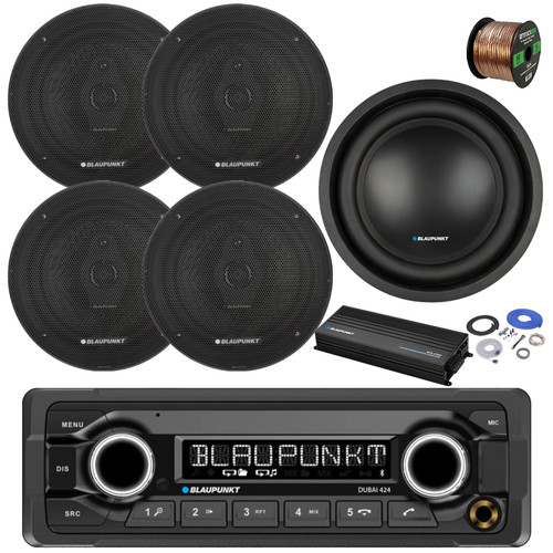 Blaupunkt DUBAI 424 Heavy Duty 24V USB Bluetooth AM/FM Stereo Reciever, 4x 6.5" 70 Watt 3-Way Slim Design Car Speakers, 5-Channel Amplifier w/Install Kit, 10" Subwoofer, Wire