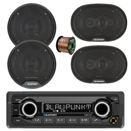 Blaupunkt DUBAI 424 Heavy Duty 24V USB Bluetooth AM/FM Stereo Reciever, 2x 6" 40 Watt Max Full Range 3-Way Speakers, 2x 6x9" 70 Watt Max 4-Way Car Audio Speakers w/Wire