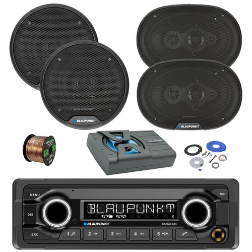 Blaupunkt DUBAI 424 Heavy Duty 24V USB Bluetooth AM/FM Stereo Reciever, 2x 6" 40 Watt Full Range 3-Way Speakers, 2x 6x9" 70 Watt 4-Way Car Audio Speakers, 8" Amplified Subwoofer w/Install Kit, Wire